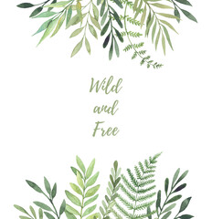 Hand drawn watercolor illustration. Botanical frame with green leaves, branches and herbs. Floral Design elements. Perfect for wedding invitations, greeting cards, prints, posters, packing etc