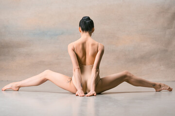 The ballerina is sitting with her back legs wide apart