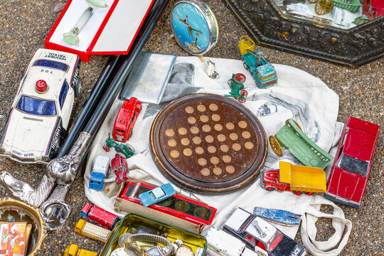 Bits and bobs displayed at a junk shop in Old Spitalfields Market in London