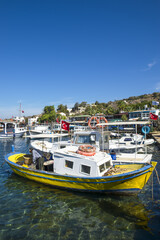 Scenic view of boats in the marina of a traditional Mediterranean fishing village in the seaside tourist village of Gumusluk, near Bodrum, Turkey