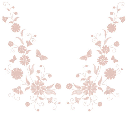 Delicate light pink beige flower embroidery. Field herb butterfly fashion textile print. Decorative ornate neutral patch necklace vector illustration