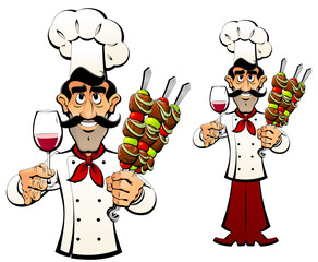Caucasian chef offers shish kebab and wine.