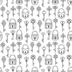Hand sketched vector illustration - seamless pattern with vintage keys and locks. Design elements with decorative symbols. Medieval keys. Perfect for invitations, greeting cards, textiles, prints
