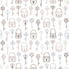 Fototapeta premium Hand sketched vector illustration - seamless pattern with vintage keys and locks. Design elements with decorative symbols. Medieval keys. Perfect for invitations, greeting cards, textiles, prints