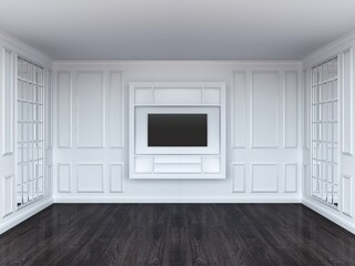 Living room with tv shelf and mirrors. White interior. Dark wood floor