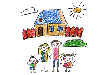 Naklejka premium Kids drawing Happy family Mother, father, sister, brother Happy mom and dad with son and daughter Family house Children illustration with happy couple, kids, parents, house Home for my family Chalk
