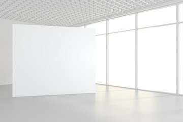 Blank white billboard in empty room with big windows, mock up, 3D Rendering.