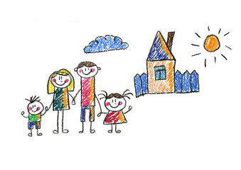 Obraz na płótnie Canvas Kids drawing Happy family Mother, father, sister, brother Happy mom and dad with son and daughter Family house Children illustration with happy couple, kids, parents, house Home for my family Chalk