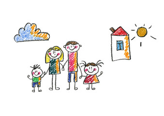 Kids drawing Happy family Mother, father, sister, brother Happy mom and dad with son and daughter Family house Children illustration with happy couple, kids, parents, house Home for my family Chalk
