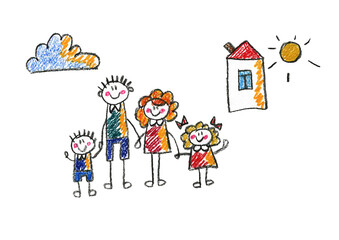 Fototapeta premium Kids drawing Happy family Mother, father, sister, brother Happy mom and dad with son and daughter Family house Children illustration with happy couple, kids, parents, house Home for my family Chalk