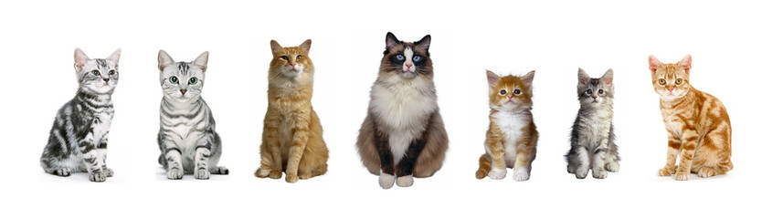 A group of cats of different breeds sitting in a raw in a white background