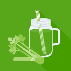 Celery juice in mason jar with celery, flat design vector