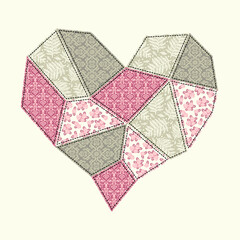 Template of postcards and invitations with a heart in patchwork style.