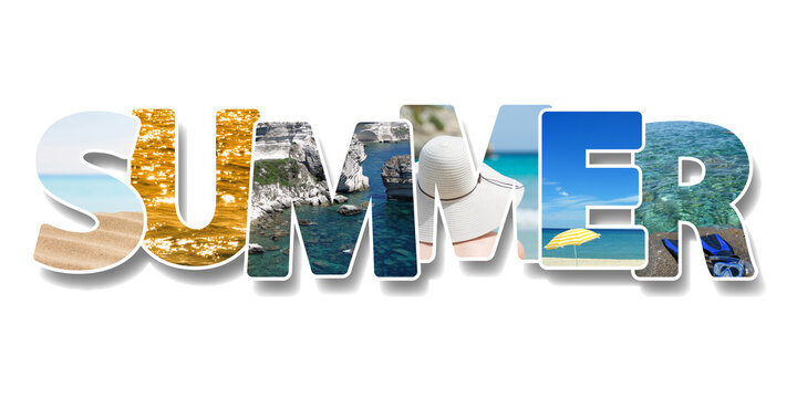 The word summer. Collage of some photos on text. Vacation on beach concept
