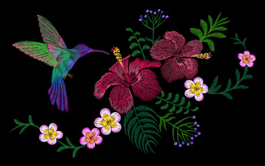 Panele Szklane Podświetlane  Hawajska łatka do haftu kwiatowego. Modny druk dekoracji liści palmowych hibiskusa plumeria. Tropikalny egzotyczny kwitnący ptak koliber ilustracji wektorowych