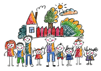 Kids drawing Happy family Mother, father, sister, brother Happy mom and dad with son and daughter Family house Children illustration with happy couple, kids, parents, house Home for my family Chalk