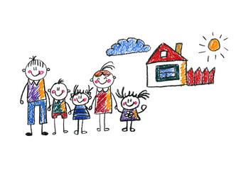 Kids drawing Happy family Mother, father, sister, brother Happy mom and dad with son and daughter Family house Children illustration with happy couple, kids, parents, house Home for my family Chalk