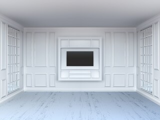 Living room with tv shelf and mirrors. White interior. White wood floor
