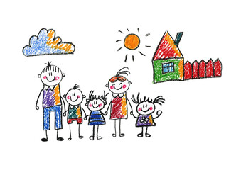 Fototapeta premium Kids drawing Happy family Mother, father, sister, brother Happy mom and dad with son and daughter Family house Children illustration with happy couple, kids, parents, house Home for my family Chalk