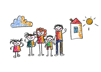 Kids drawing Happy family Mother, father, sister, brother Happy mom and dad with son and daughter Family house Children illustration with happy couple, kids, parents, house Home for my family Chalk