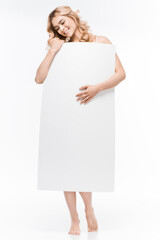 blond woman holding blank banner in hands isolated on white