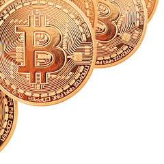Golden Bitcoins close-up on a white background .Photo (new virtual money ) .Conceptual photo. 