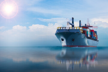 ship with container on blue sky.