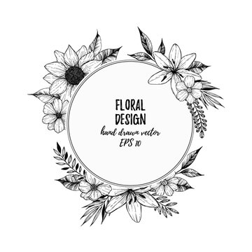 Hand drawn vector illustration - round card with black flowers and leaves. Hand drawn design elements in sketch style. Perfect for invitations, prints, tattoo, posters etc.