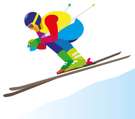 Alpine skier performs a jump during the descent