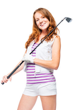 Vertical portrait of a golf player with a golf club on a white background