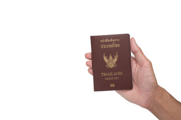 Isolated hand holding Thailand passport on white background