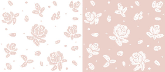 Fototapeta na wymiar Delicate soft pink rose flower white seamless pattern. Embroidery vector flower decoration textile print illustration