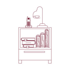 dark red line contour of nightstand with cordless phone and lamp and books vector illustration