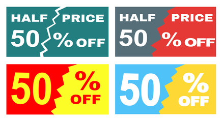 Four advertisements leaflets, flyers, sale sticker with advertising offer. 