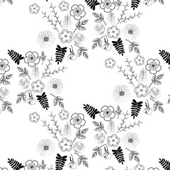 Seamless white and black flowers and herbs pattern. Vector illustration
