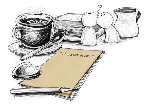 Paper note and coffee for lover concept drawn
