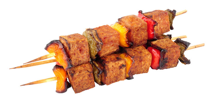 Grilled spam and sweet pepper kebabs isolated on a white background