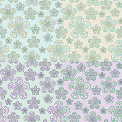 Fototapeta na wymiar Seamless flower pattern painted in 4 different ways. Objects grouped and named in English. No mesh, gradient, transparency used.