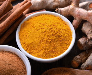  Turmeric ,Curcuma powder in white bowl on table