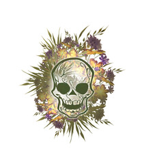 Hand drawn illustration of a skull decorated with green plants and flowers