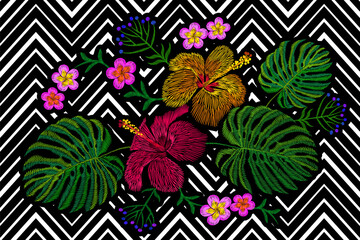 Tropical embroidery flower arrangement. Exotic plant blossom summer jungle. Fashion print textile patch. Hawaii hibiscus plumeria monstera geometric seamless stripe vector illustration © LuckyStep