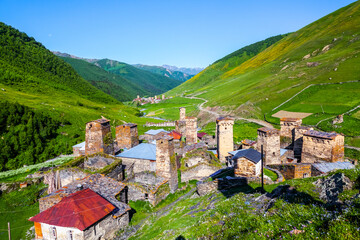 Panorama of old village in the mountains of the Caucasus.