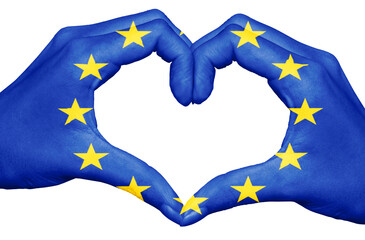 European union flag painted on hands forming a heart isolated on white background, europe concept