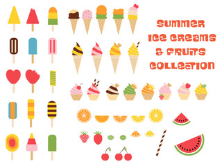Vector colorful graphics ice creams, cakes and summer fruits illustration