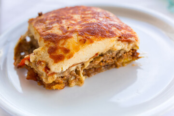 Portion of greek moussaka on the plate