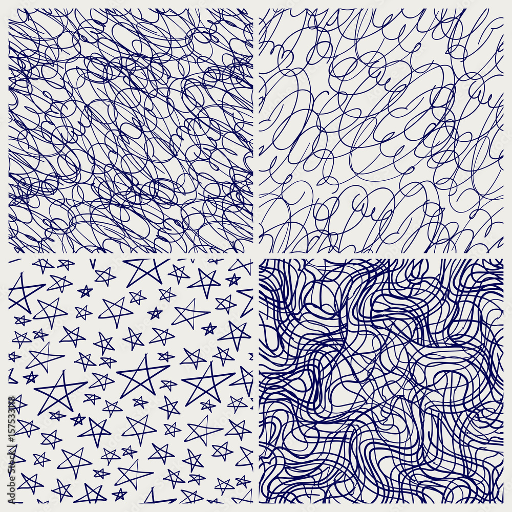 Wall mural hand drawn scribble seamless patterns. vector abstract ballpoint pen sketched seamless texture set