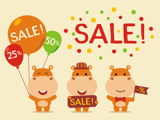 Set for design sale with hippo. Collection of cartoon hippo for sale of children goods.