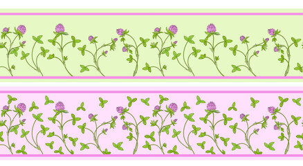 Blooming red clover, seamless patterns. Pattern brushes are included in vector file. 