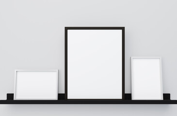 Three picture frames on shelf, render illustration 