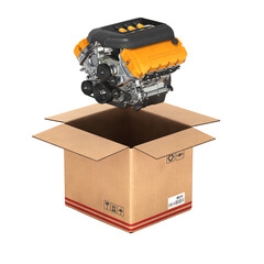 Engine with a cardboard box Concept of sale and delivery of auto parts without shadow on white background 3d